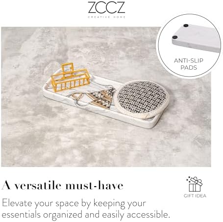 ZCCZ Bathroom Accessory Sets, 4 Pieces Bathroom Accessories Complete Set Vanity Countertop Accessory Set with Marble Look, Includes Lotion Dispenser, Toothbrush Holder and Tray (White Marble Look)