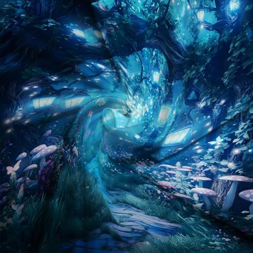 Fantasy Forest Path Shower Curtain Blue Fairy Magical Enchanted Misty Jungle Mushroom Floral Tree Butterfly Lantern Wonderland Bath Curtain Fabric Bathroom Accessories Decor with Hooks 70W x80L