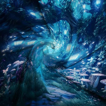 Fantasy Forest Path Shower Curtain Blue Fairy Magical Enchanted Misty Jungle Mushroom Floral Tree Butterfly Lantern Wonderland Bath Curtain Fabric Bathroom Accessories Decor with Hooks 70W x84L