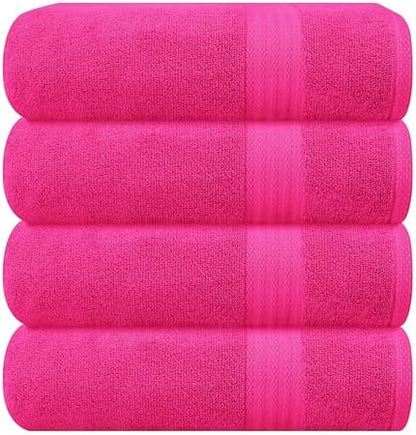GLAMBURG Premium Cotton 4 Pack Bath Towel Set - 100% Pure Cotton - 4 Bath Towels 27x54 - Ideal for Everyday use - Ultra Soft & Highly Absorbent - Hot Pink