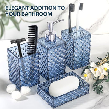 RYTOXILO Bathroom Accessories Set, 4 Pack Blue Acrylic Bath Accessory Sets Complete, Diamond Soap Dispenser and Toothbrush Holder Bathroom Counter Sink Set, Boho Modern Bathroom Decor