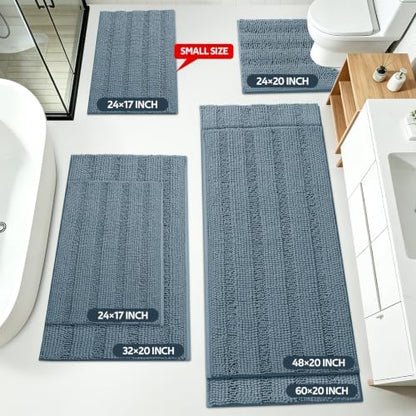 SmileYes Striped Haze Blue Bathroom Rug Set 3 Pieces Ultra Soft, Non Slip Chenille Bath Carpet, Absorbent Plush Shaggy Bath Mats for Bathroom, Bedroom, Stone Blue