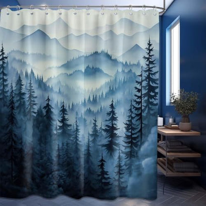 Navy Blue Forest Extra Long Shower Curtain, Tall 72X78 in, Mountain