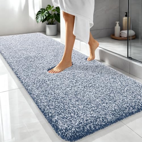 OLANLY Microfiber Bathroom Rugs 70x24, Quick Dry Bath Mat, Navy and White