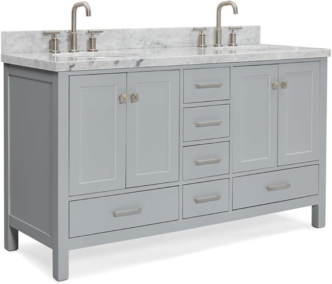 ARIEL Cambridge 60-inch Bathroom Vanity with Sink,Solid Wood, 1.5-inch Italian Carrara Marble Countertop & Backsplash, Double Oval Porcelain Sink, 4 Soft Closing Doors, 6 Dovetail Drawers, Grey
