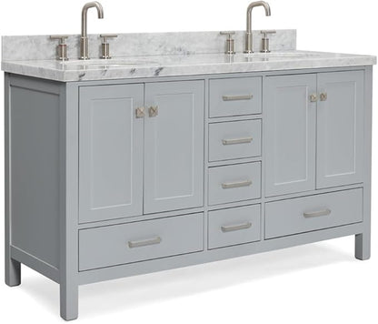 ARIEL Cambridge 60-inch Bathroom Vanity with Sink,Solid Wood, 1.5-inch Italian Carrara Marble Countertop & Backsplash, Double Oval Porcelain Sink, 4 Soft Closing Doors, 6 Dovetail Drawers, Grey
