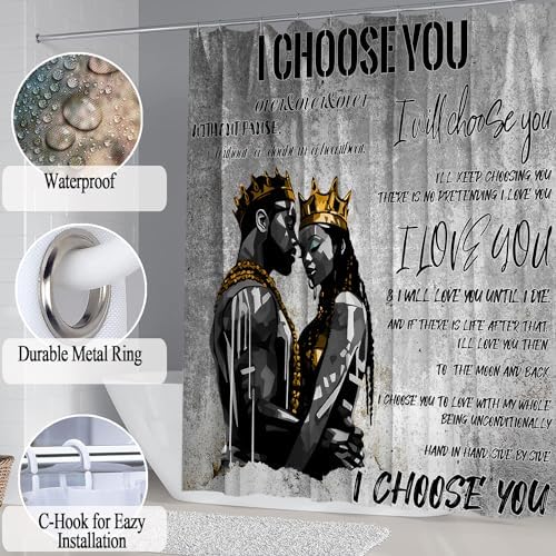 4pcs Romantic Couples Shower Curtain and Rugs Toilet Lid Cover Bath Mat, Fathers Day Full in Love Black Man Women Shower Curtain Set with Hooks, Black King Queen Bathroom Decor Set