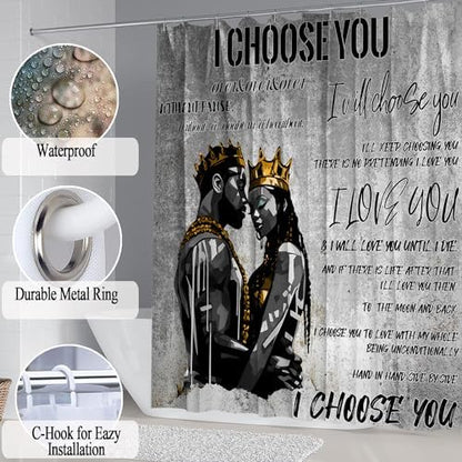 4pcs Romantic Couples Shower Curtain and Rugs Toilet Lid Cover Bath Mat, Fathers Day Full in Love Black Man Women Shower Curtain Set with Hooks, Black King Queen Bathroom Decor Set