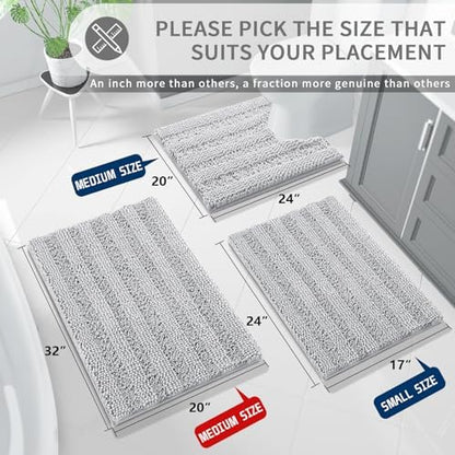 Yimobra Bathroom Rug Mat 32 x 20, Non Slip and Super Absorbent Bath Mat,Machine Washable Quick Dry,Ultra Plush Chenille Shower Rugs for Bathroom Floor Sink Tub and Shower Outside,Silver