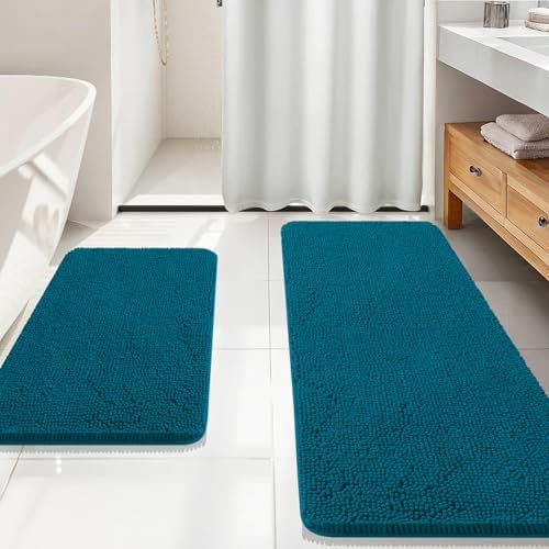OLANLY Chenille Bathroom Rugs Sets 2 Piece, 59"x20"+30"x20", Peacock Blue