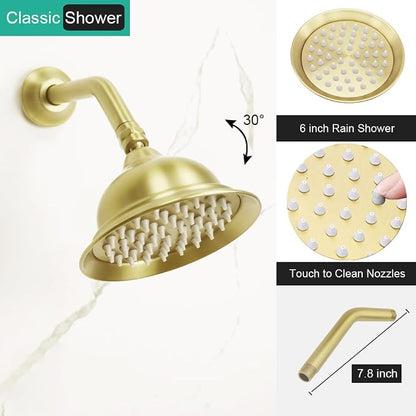 Dual Rain Shower Head System with Handheld Antique Faucet Set | Brushed Gold Finish, Multi-layer Plating, Vintage Rainfall, 3 Way Diverter Brass Valve with Trim Kit, Easy Install