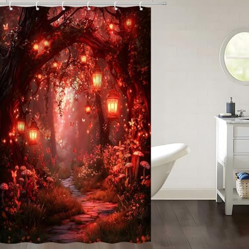 Fantasy Forest Path Shower Curtain Red Fairy Magical Enchanted Misty Jungle Mushroom Floral Tree Butterfly Lantern Wonderland Bath Curtain Fabric Bathroom Accessories Decor with Hooks 47W x70L