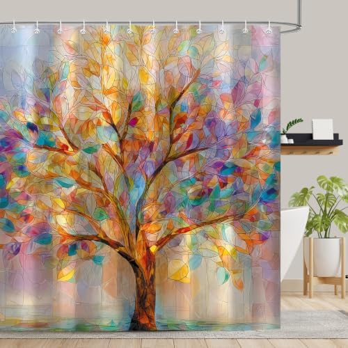 Moonslim Colorful Tree Shower Curtains, Stained Glass Trees Leaves Colored Seasons Fabric Shower Curtain Set Modern Aesthetic Bath Curtain for Bathroom Decor Waterproof Cloth with Hooks 72X84 Inch