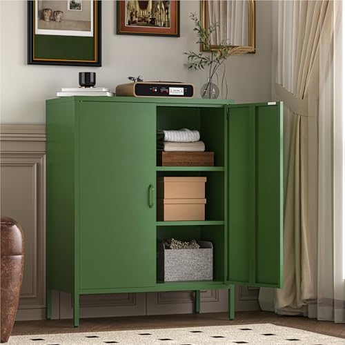 YAUWOH Metal Cabinet with 2 Doors and 4 Shelves，39.96" Tall Steel Office Cabinet,Bathroom Floor Locker for Office,Home,Garage,Gym,School (1PC,Forest Green)