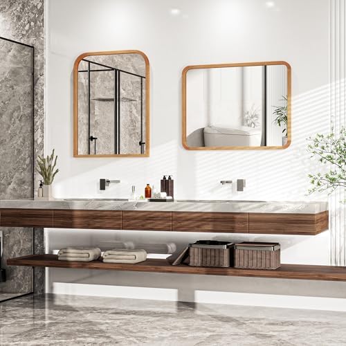 36"x28" Arched Wood Bathroom Mirror - Handcrafted Modern Farmhouse Bathroom Mirror with Tempered Glass&Natural Wood Frame, Anti-Fog Decorative Vanity Mirror for Bedroom, Living Room, Spa & Home Decor