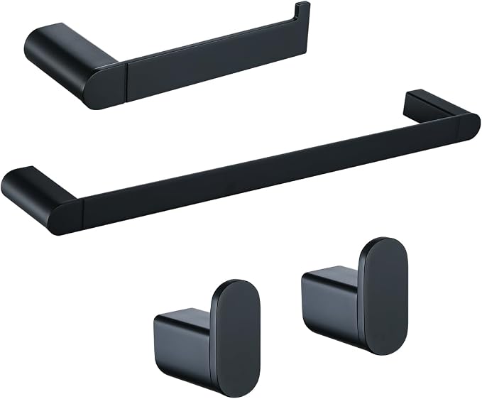 Matte Black Bathroom Hardware Set 4 Pieces, Stainless Steel Towel Bar Set Wall Mounted, Include 18 inch Towel Bar, Robe Towel Hooks, Toilet Paper Holder,Towel Racks Set for Bathroom