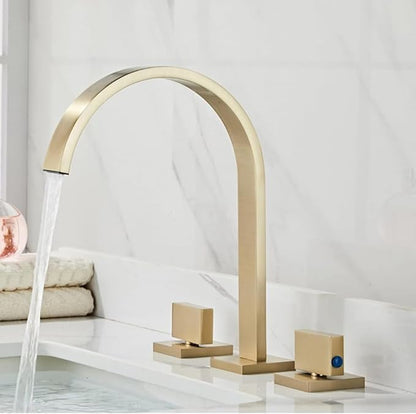 Bathroom Faucet Waterfall, Double Handle, Faucets for Sink Splashback Modern Vanity 3 Holes-Gold(Gold)