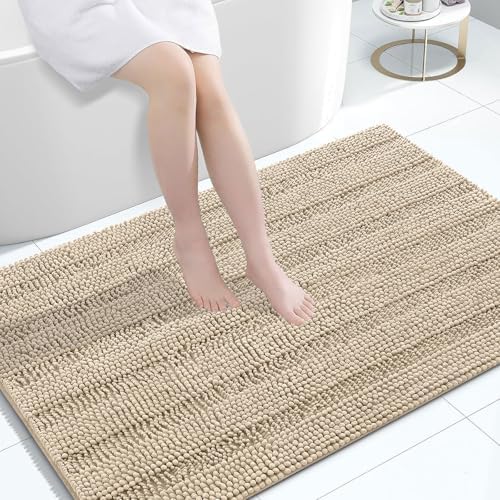 Grandaily Chenille Striped Bathroom Rugs 47x32, Extra Thick and Absorbent Bath Mats, Non-Slip Soft Plush Shaggy Shower Carpet, Machine Wash Dry, Bath Rug for Bathroom, Beige