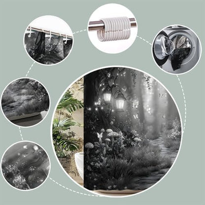 Fantasy Forest Path Shower Curtain Grey Fairy Magical Enchanted Misty Jungle Mushroom Floral Tree Butterfly Lantern Wonderland Bath Curtain Fabric Bathroom Accessories Decor with Hooks 90W x70L