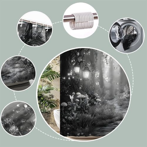 Fantasy Forest Path Shower Curtain Grey Fairy Magical Enchanted Misty Jungle Mushroom Floral Tree Butterfly Lantern Wonderland Bath Curtain Fabric Bathroom Accessories Decor with Hooks 47W x63L