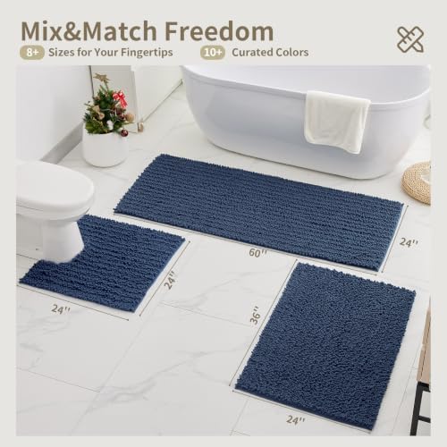 Bathroom Rugs Non Slip Washable 55x24, Extra Thick Soft Chenille Absorbent Bath Mat, High Density Barrier Non Slip Backing, Quick Dry Plush Shaggy Floor Carpet for Tub&Shower, Blue