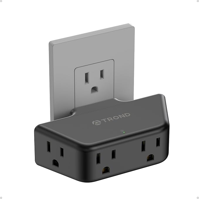 TROND Black 360 Rotating Plug Outlet Extender, Space-Saving Outlet Splitter | Plug Adapter with 4 Grounded Socket, 3 Way Angled Design, 900J Surge Protection, for Bathroom Kitchen Office Bedroom
