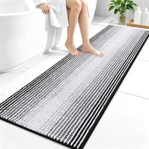 OLANLY Bathroom Runner Rugs 59x20, Soft Chenille Striped Bath Rugs, Black