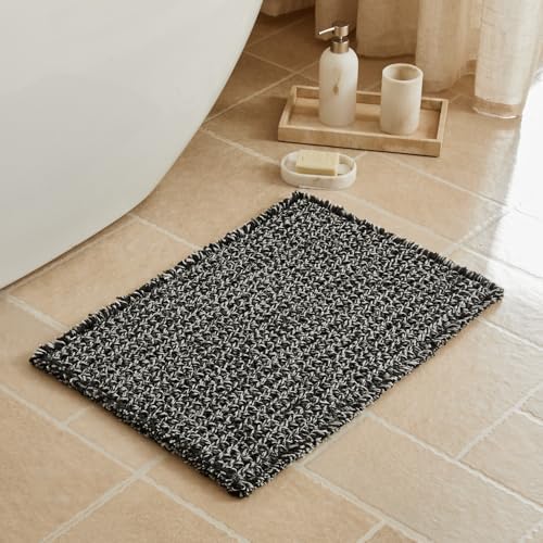 Triohero Waffle Bath Mat, Small Boho Bathroom Rugs, 16x24 Black & White