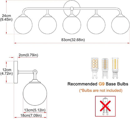 Modern Brushed Brass 5-Lights Bathroom Vanity Light, Lighting Fixtures Over Mirror with Milky White Glass Ball Shades, Wall Sconces for Bathroom Dressing Table Bedroom