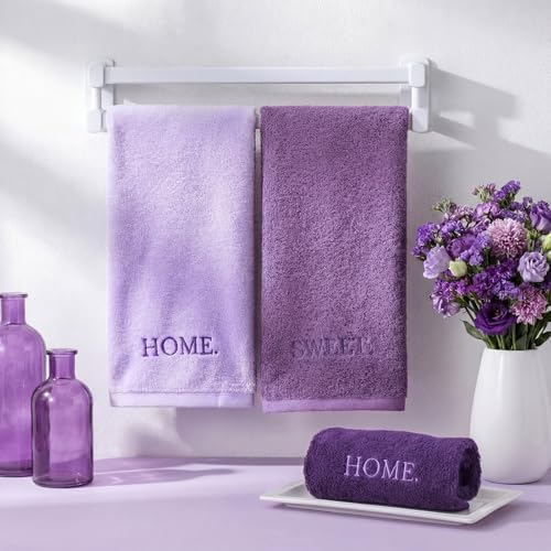 FuWeave 3 Pcs Purple Decorative Hand Towels for Bathroom, Home Sweet Home