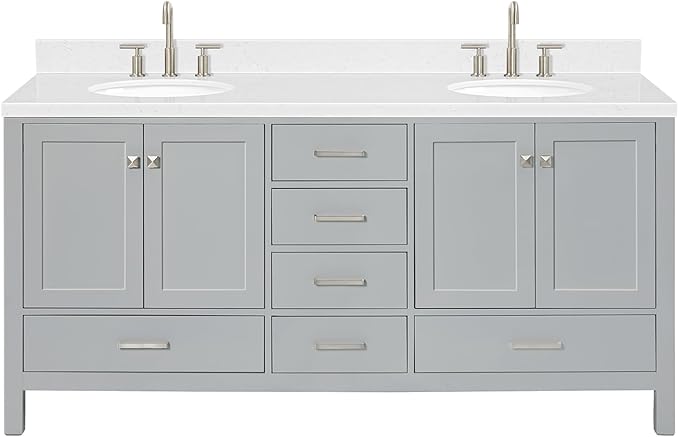 ARIEL Cambridge 72-inch Bathroom Vanity with Sink,Solid Wood, 1.5-inch Carrara White Quartz Countertop & Backsplash, Double Oval Porcelain Sink, 4 Soft Closing Doors, 6 Dovetail Drawers, Grey