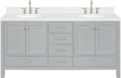 ARIEL Cambridge 72-inch Bathroom Vanity with Sink,Solid Wood, 1.5-inch Carrara White Quartz Countertop & Backsplash, Double Oval Porcelain Sink, 4 Soft Closing Doors, 6 Dovetail Drawers, Grey