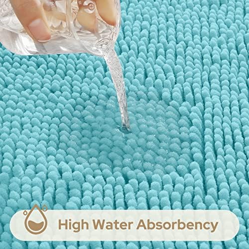 HOMEIDEAS Aqua Blue Chenille Bathroom Rugs Set of 3, Non Slip Bath Mat