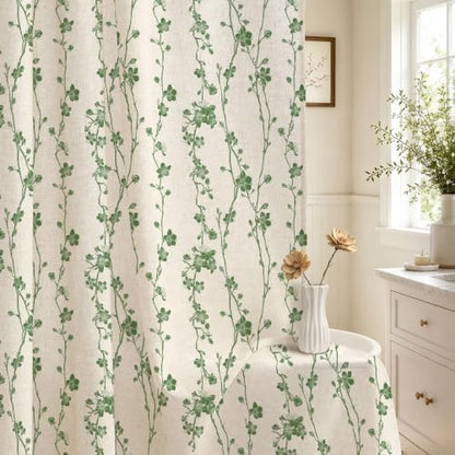 Gibelle Green Farmhouse Linen Shower Curtain, Boho Floral Fabric, 72 x 84