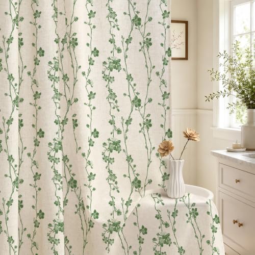 Gibelle Green Farmhouse Linen Shower Curtain, Boho Floral Fabric, 72 x 72