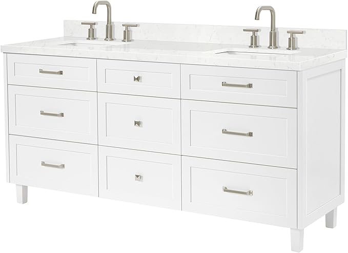 ARIEL Monroe 72-inch Bathroom Vanity with Sink,Solid Wood, 1.5-inch Carrara White Quartz Countertop & Backsplash, Double Oval Porcelain Sink, 9 Dovetail Drawers, Brushed Nickel, White