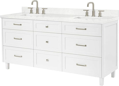 ARIEL Monroe 72-inch Bathroom Vanity with Sink,Solid Wood, 1.5-inch Carrara White Quartz Countertop & Backsplash, Double Oval Porcelain Sink, 9 Dovetail Drawers, Brushed Nickel, White