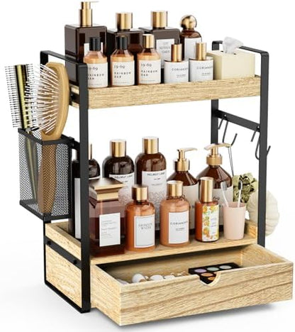 2-Tier Bathroom Counter Organizer with Drawer Basket and Hooks, Wood Bathroom Organizers and Storage for countertop, Farmhouse Brown Countertop Organizer, Counter Shelf for Vanity, Kitchen, Office