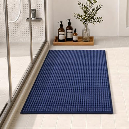 tchdio Bath Mat, Absorbent Bathroom Mat Quick Dry, Thin Bathroom Rugs Fit Under Door, Non Slip Washable Bath Rugs with Solid Rubber Backing, Low Profile Bath Mats for Bathroom, Blue, 16" x 24"