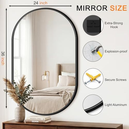 Oval Bathroom Mirror, 24"x36" Black Vanity Mirror for Over Sink