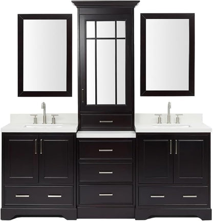 ARIEL Stafford 84-inch Bathroom Vanity with Sink,Solid Wood, 1.5-inch Pure White Quartz Countertop, Double Rectangular Porcelain Sink, 5 Soft Closing Doors, 6 Dovetail Drawers, Espresso