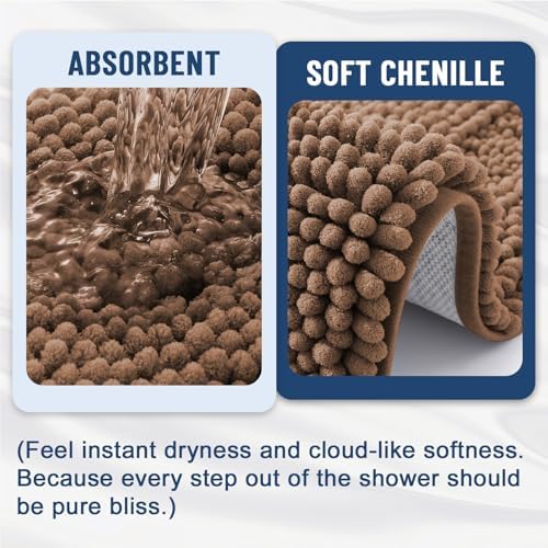 Grandaily Chenille Striped Bathroom Rugs 24x16, Extra Thick and Soft Absorbent Bath Mats, Rubber Backing, Plush Shaggy Shower Carpet, Machine Wash Dry, Bath Rug for Bathroom, Mocha