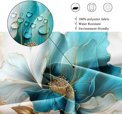 Teal Gold Marble Floral Extra Long Abstract Art Bathroom Shower Curtain Set