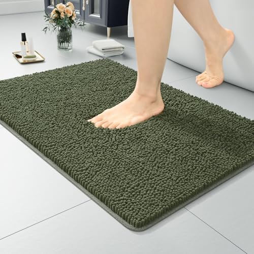 LOCHAS Luxury Bathroom Rug Shaggy Bath Mat 24 x 17 Inch, Olive Green