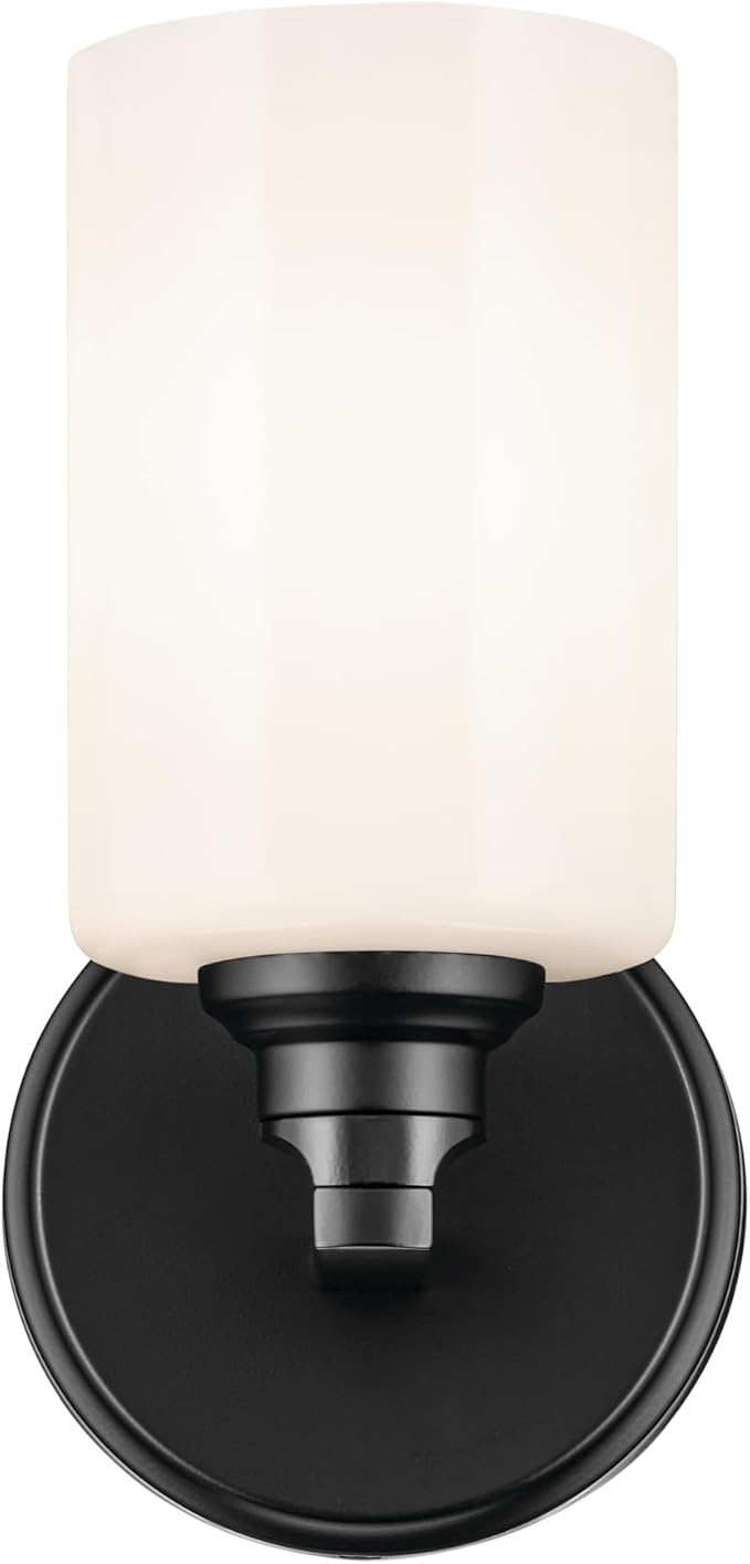 Kichler Gioe 5" 1-Light Wall Sconce with Opal Glass in Black, Damp Rated, for Powder Room, Bathroom, Kitchen, Hallway, Bedroom, Fireplace, (5" W x 9.5" H), 55224BK