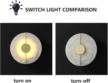 Modern Round Alabaster Natural Marble Wall Light,3000K Warm Light 7W Energy Saving Wall Sconce,Metal Base Wall Mounted Lamp, for Living Room Bedroom Bedside Stairs Hallway (Gold)