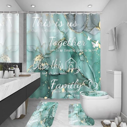 4Pcs Family Marble Shower Curtain Sets with Rugs