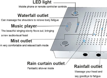 CASCADA 23"x31" LED Shower System with Handheld Shower | Luxurious Design 6 Functions (Rainfall, Waterfall, Curtain, Misty, Body Jets & Handheld) | 7 Knob Valve (Music, Rose Gold)