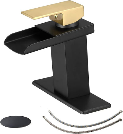 BWE Waterfall Bathroom Faucet Black and Gold Single Handle Commercial Bathroom Sink Faucet with Pop Up Drain Assembly and 6" Deck Plate Fit Sink 1 or 3 Hole rv Vanity Lavatory Mixer Tap