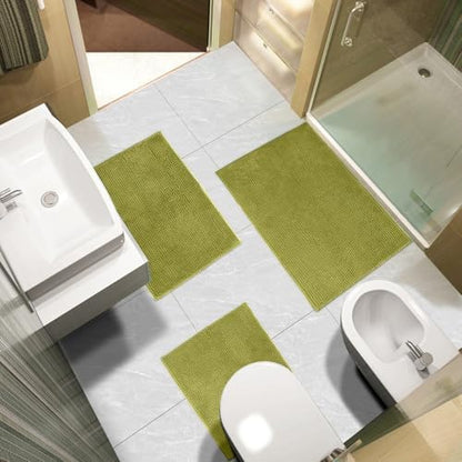 Urvoix Bathroom Rugs Sets 3 Piece, Chenille Bath Mat Set, Moderate Olive